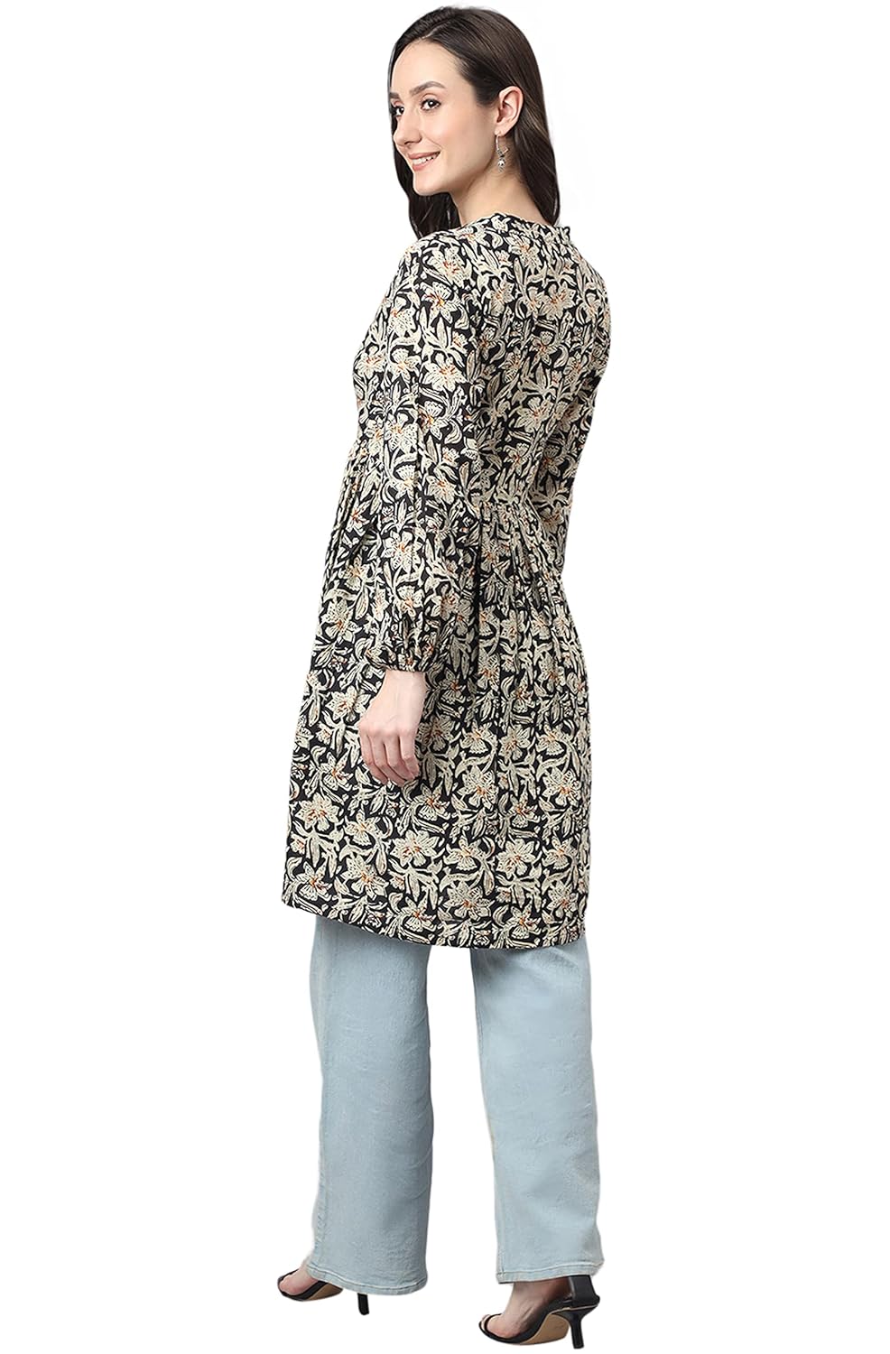 Janasya Women's Black Cotton Floral Print Flared Tunic