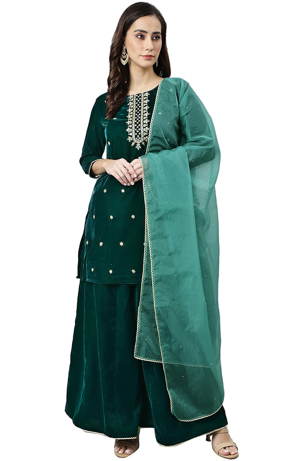 Janasya Women's Dark Green Velvet Floral Embroidery Kurta with Flared Palazzo and Dupatta