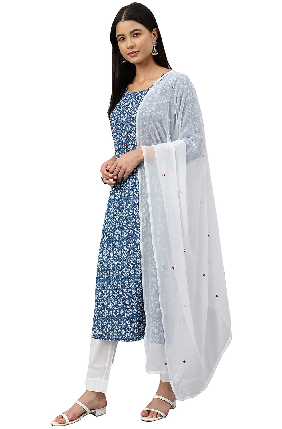 Janasya Women's Navy Blue Cotton Floral Print Kurta with Pant and Dupatta