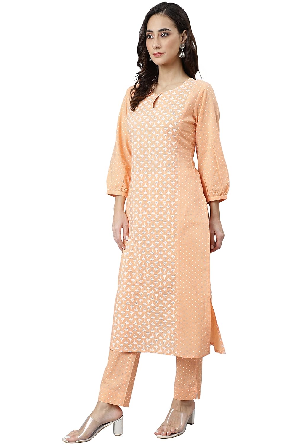 Janasya Women's Melon Orange Cotton Printed Kurta with Pant
