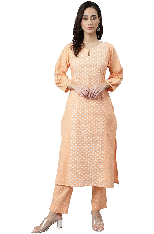 Janasya Women's Melon Orange Cotton Printed Kurta with Pant