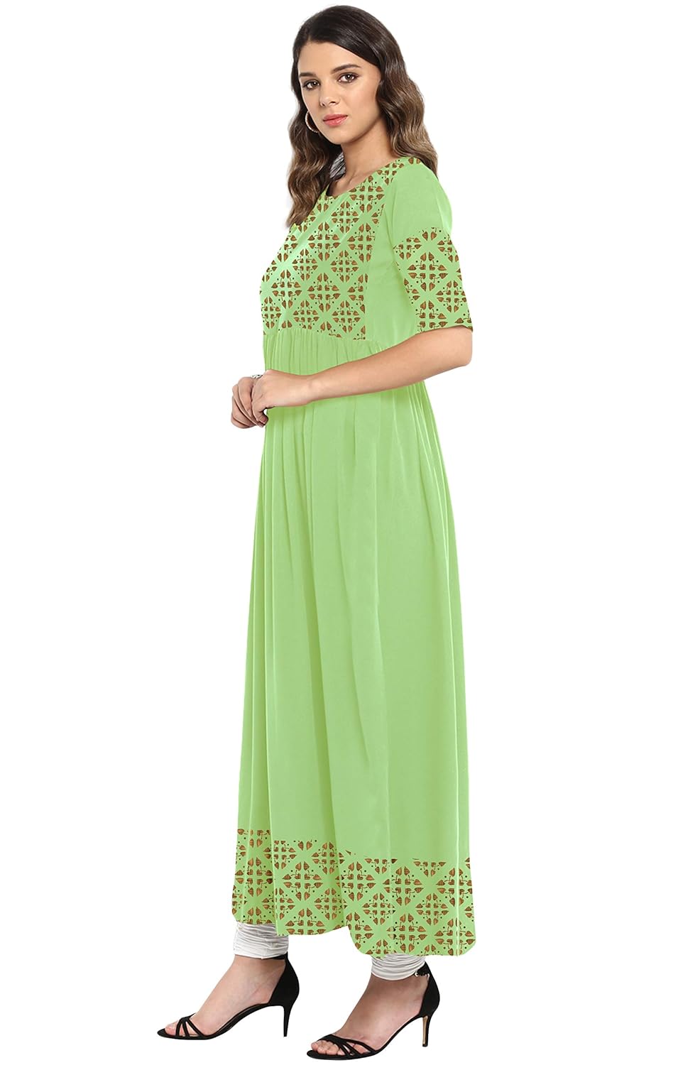 Janasya Women's Poly Crepe Gold Print Flared Kurta Green