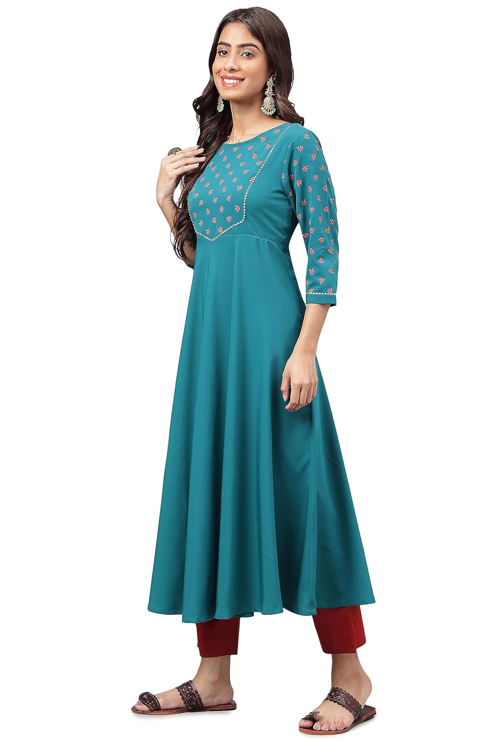 Janasya Women's Dark Green Crepe Foil Printed A-Line Kurta