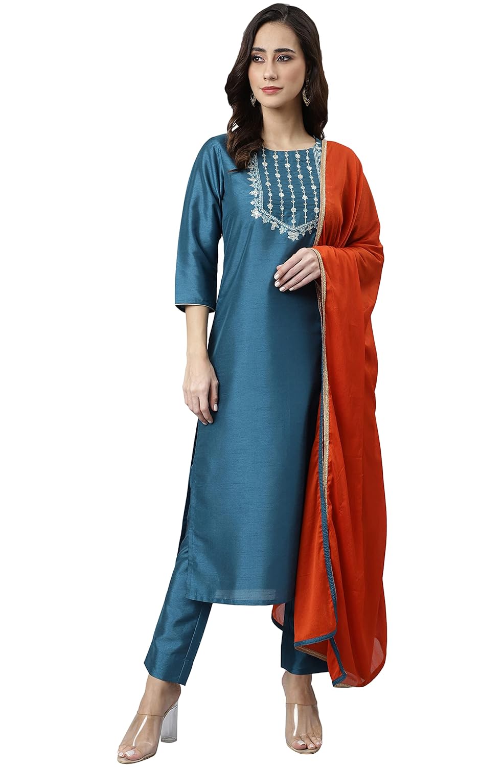 Janasya Women's Teal Poly Silk Solid Kurta with Pant and Dupatta