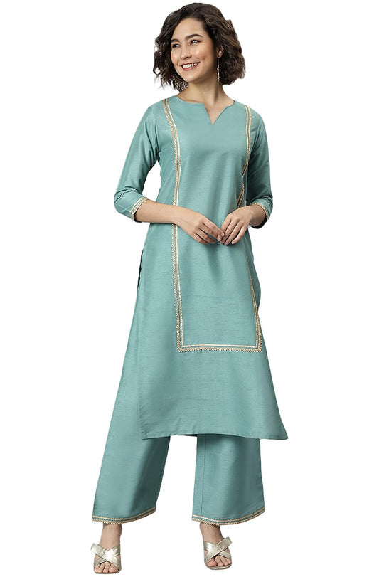 Janasya Women's Green Poly Silk Kurta with Palazzo - S