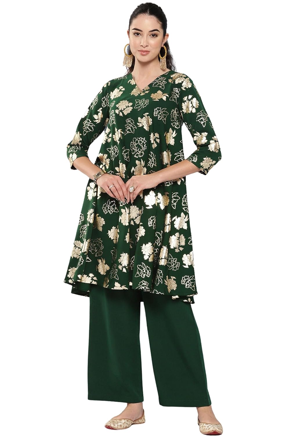 Janasya Women's Bottle Green Crepe Foil Printed Short Kurta with Palazzo