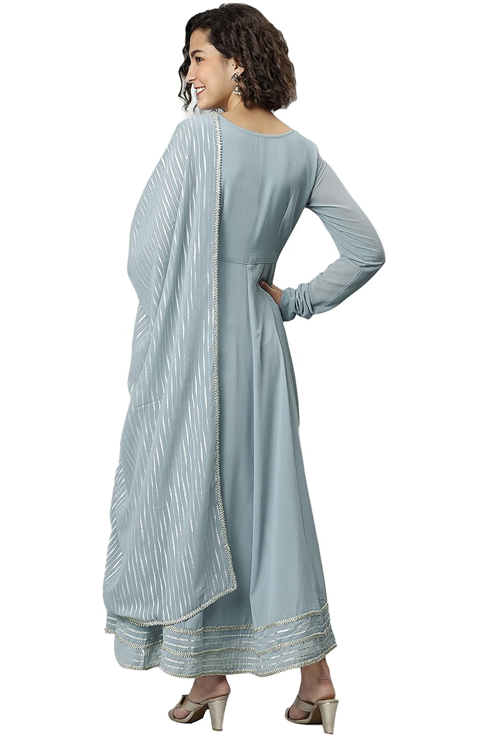 Janasya Women's Grey Poly Georgette Solid Kurta with Dupatta