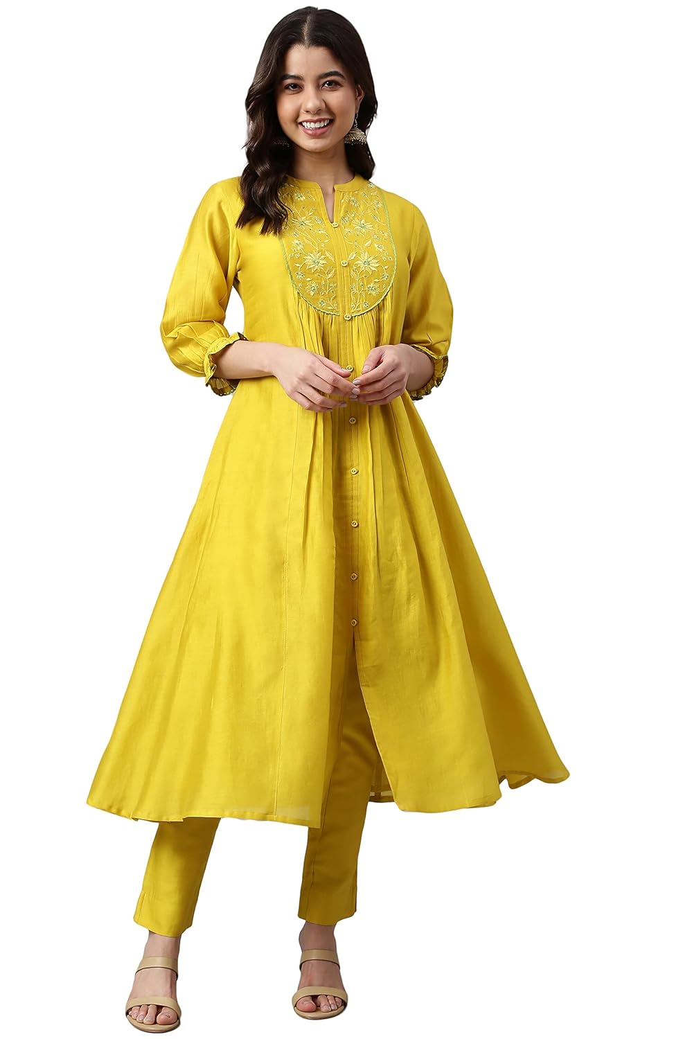Janasya Women's Yellow Crepe Silk Yoke Embroidered Kurta with Pant - S