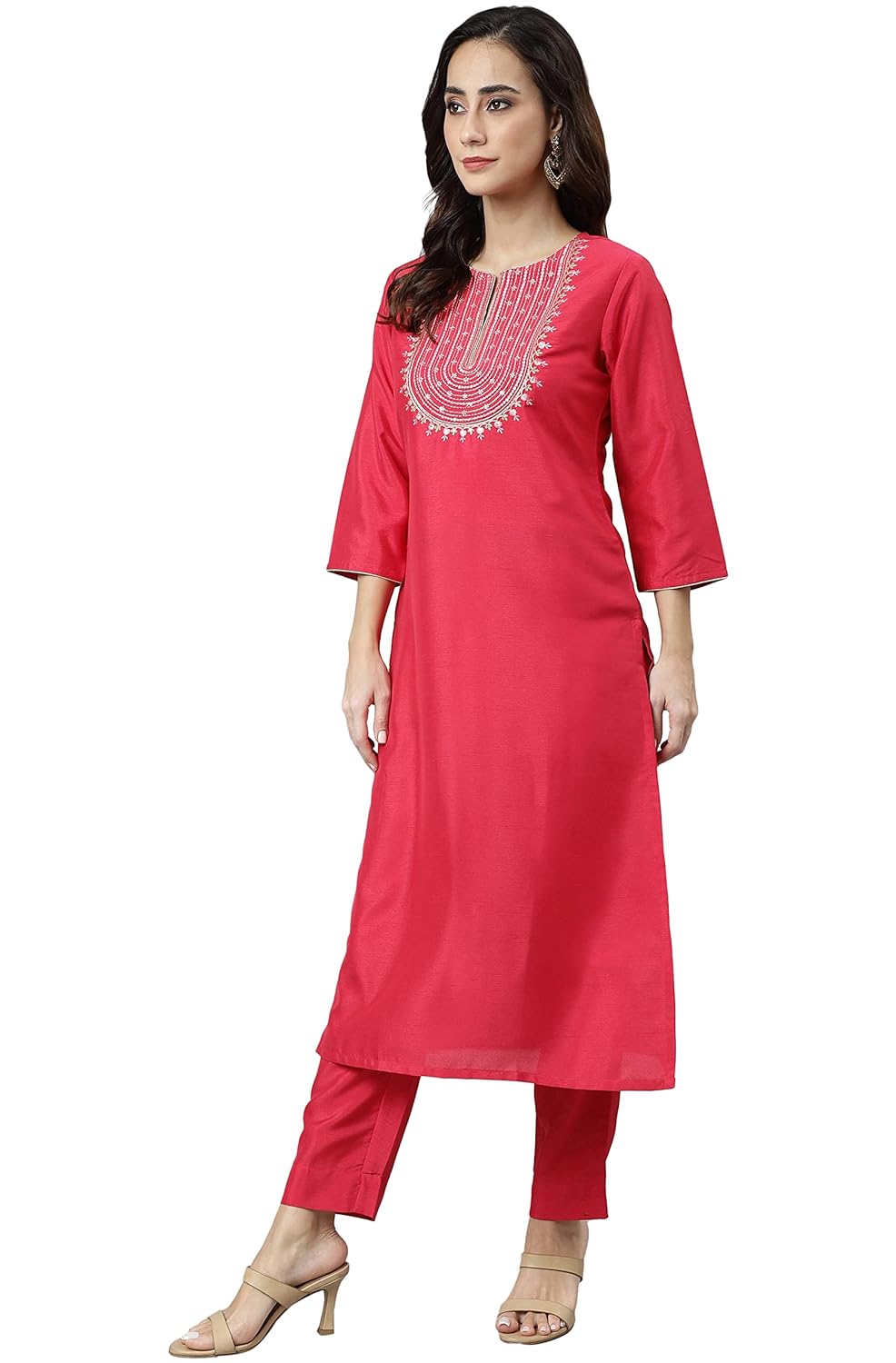 Janasya Women's Pink Poly Silk Solid Kurta with Pant and Dupatta