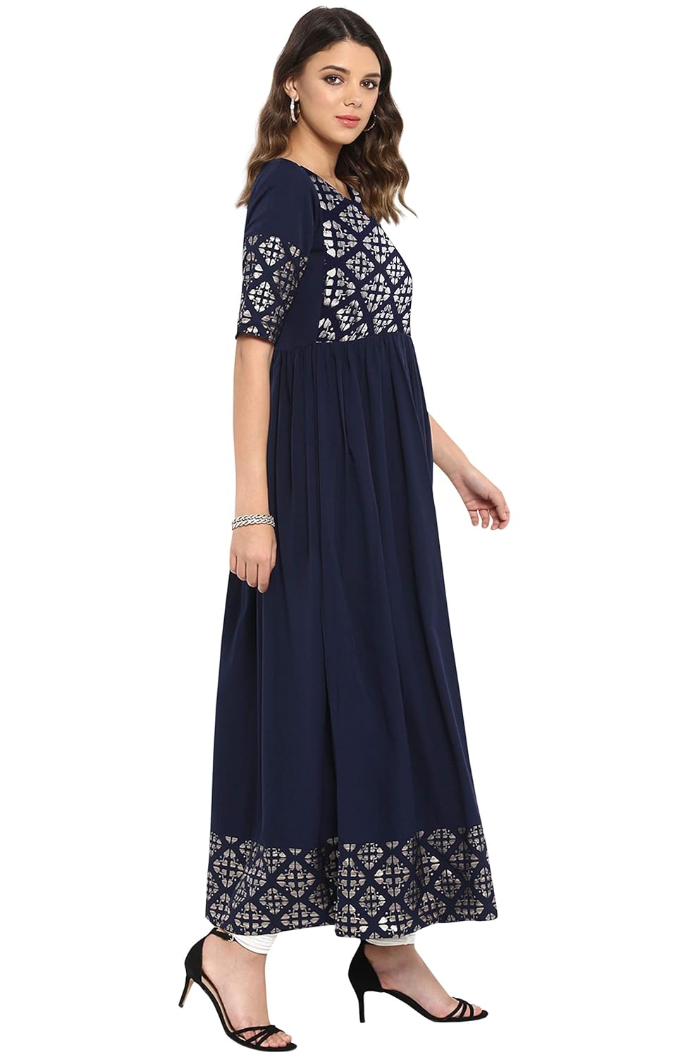 Janasya Women's Poly Crepe Gold Print Flared Kurta Navy Blue