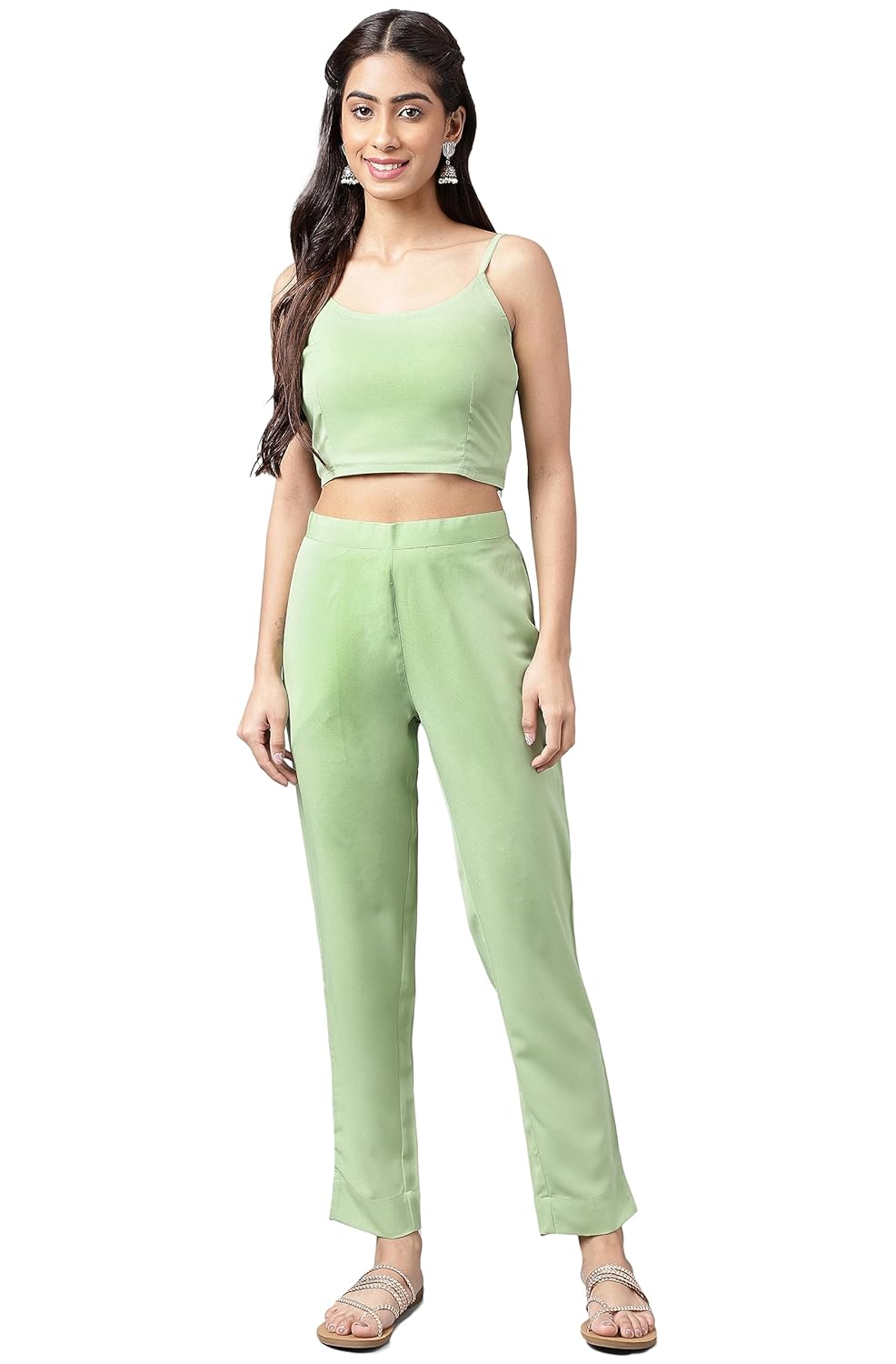 Janasya Women's Light Green Georgette Foil Printed Kurta with Pants and Crop top