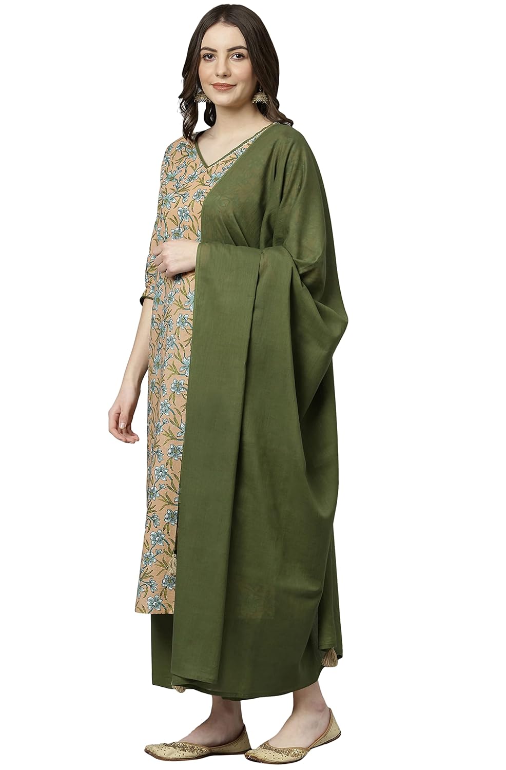 Janasya Women's Teal Blue Cotton Kurta With Pant And Dupatta