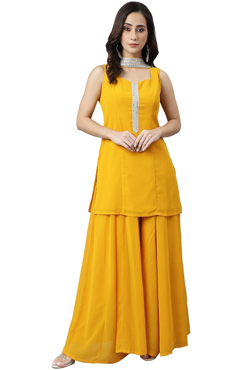 Janasya Women's Mustard Georgette Solid Kurta with Kali Palazzo and Dupatta