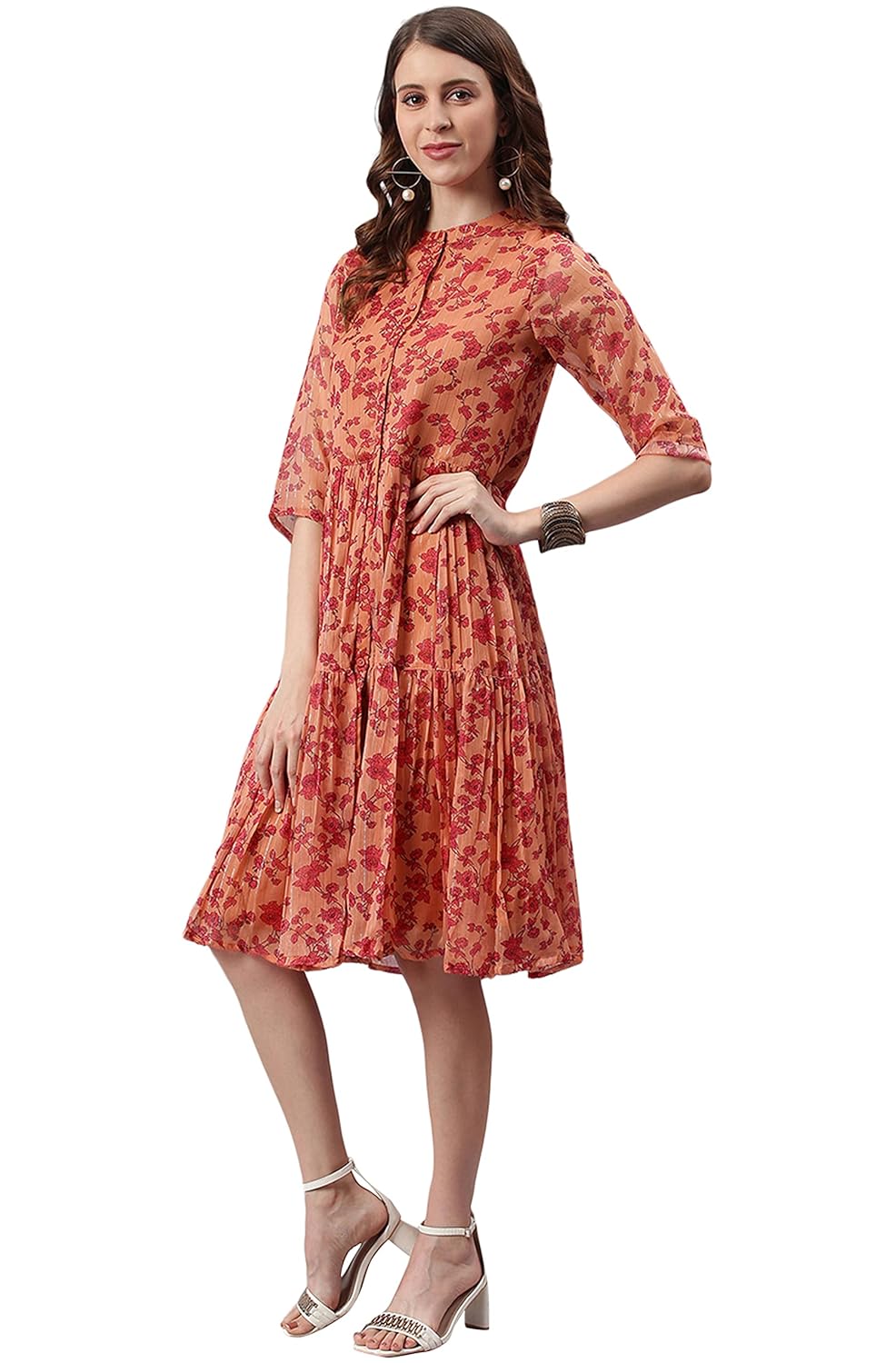 Janasya Women's Orange Poly Georgette Floral Flared Western Dress