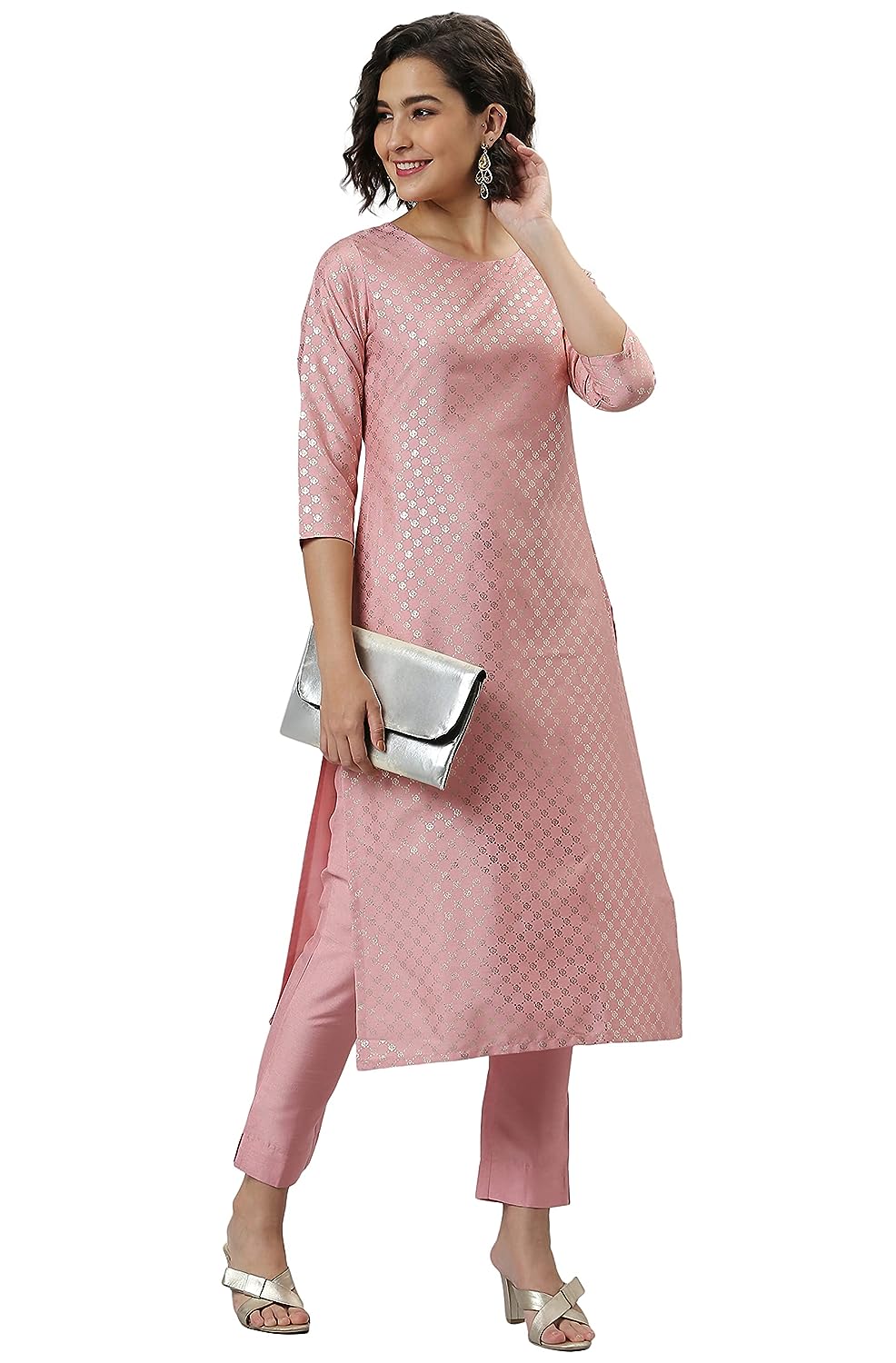 Janasya Women's Pink Poly Silk Floral Print Kurta with Pant