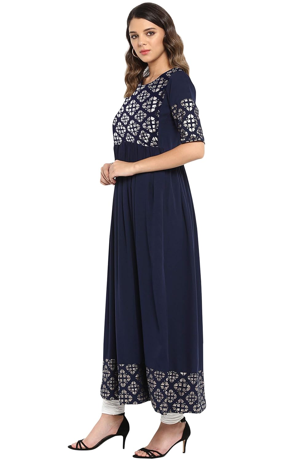 Janasya Women's Poly Crepe Gold Print Flared Kurta Navy Blue