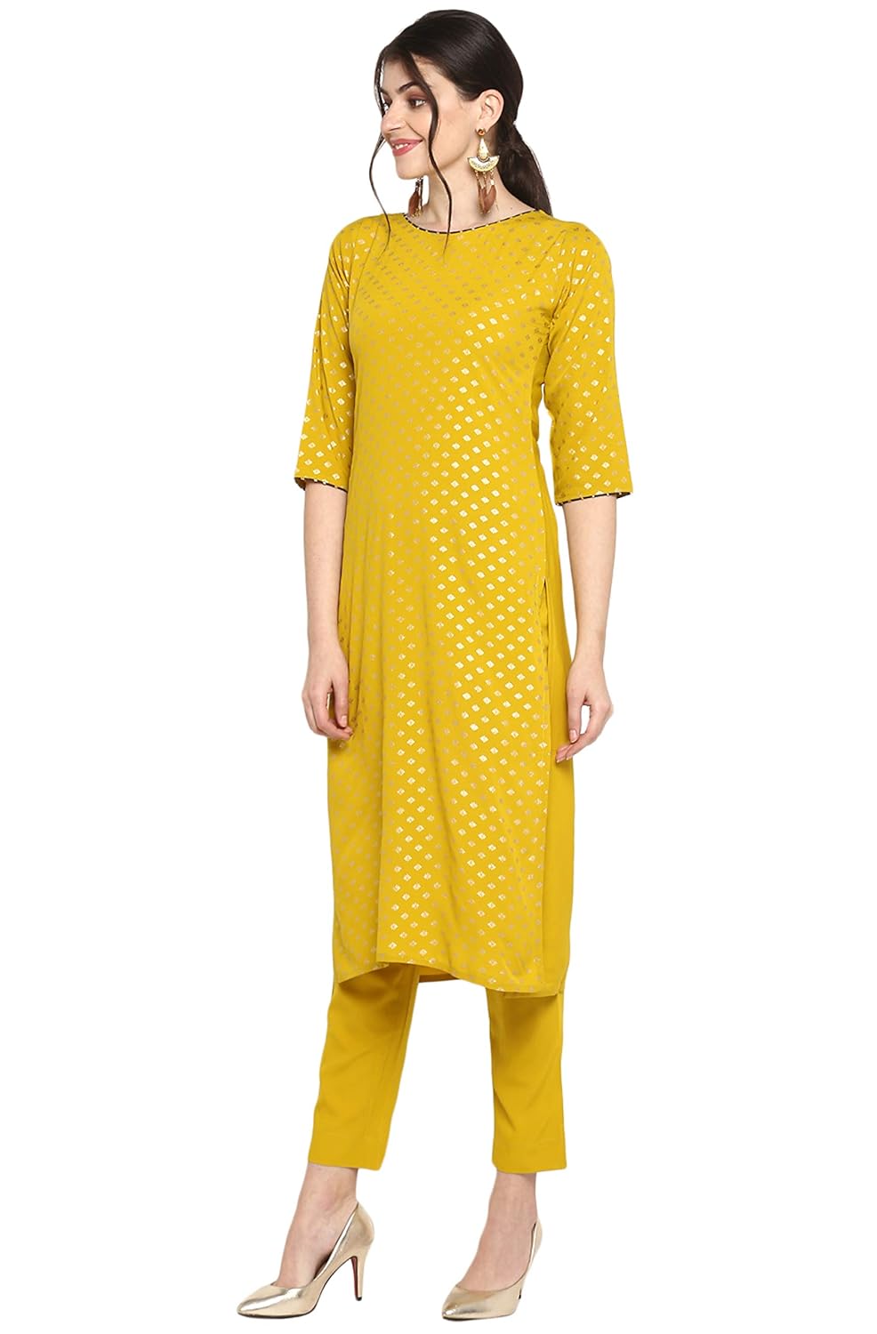 Janasya Women's Mustard Poly Crepe Gold Print Kurta with Pant and Dupatta