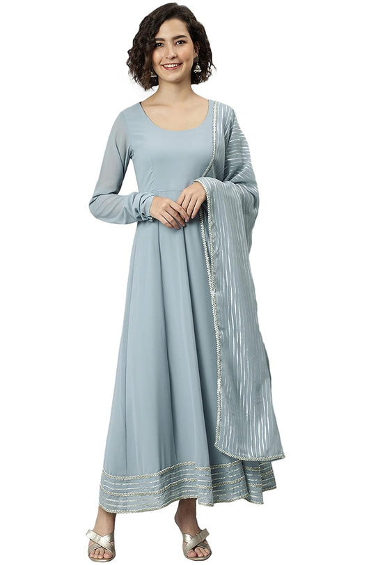 Janasya Women's Grey Poly Georgette Solid Kurta with Dupatta