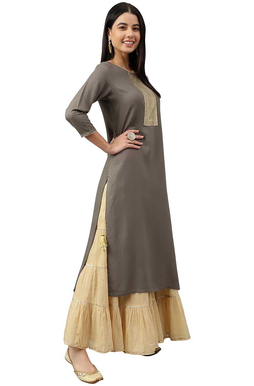 Janasya Women's Grey Rayon Solid Straight Kurta