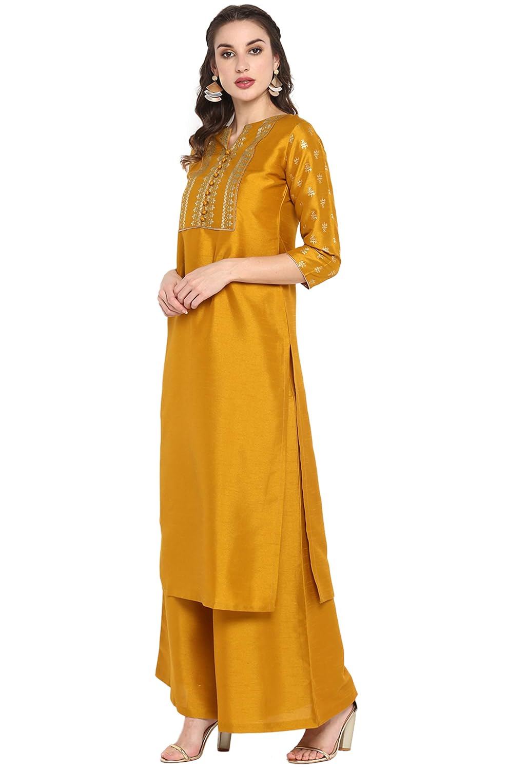 Janasya Women's Mustard Poly Silk Floral Print Kurta with Palazzo