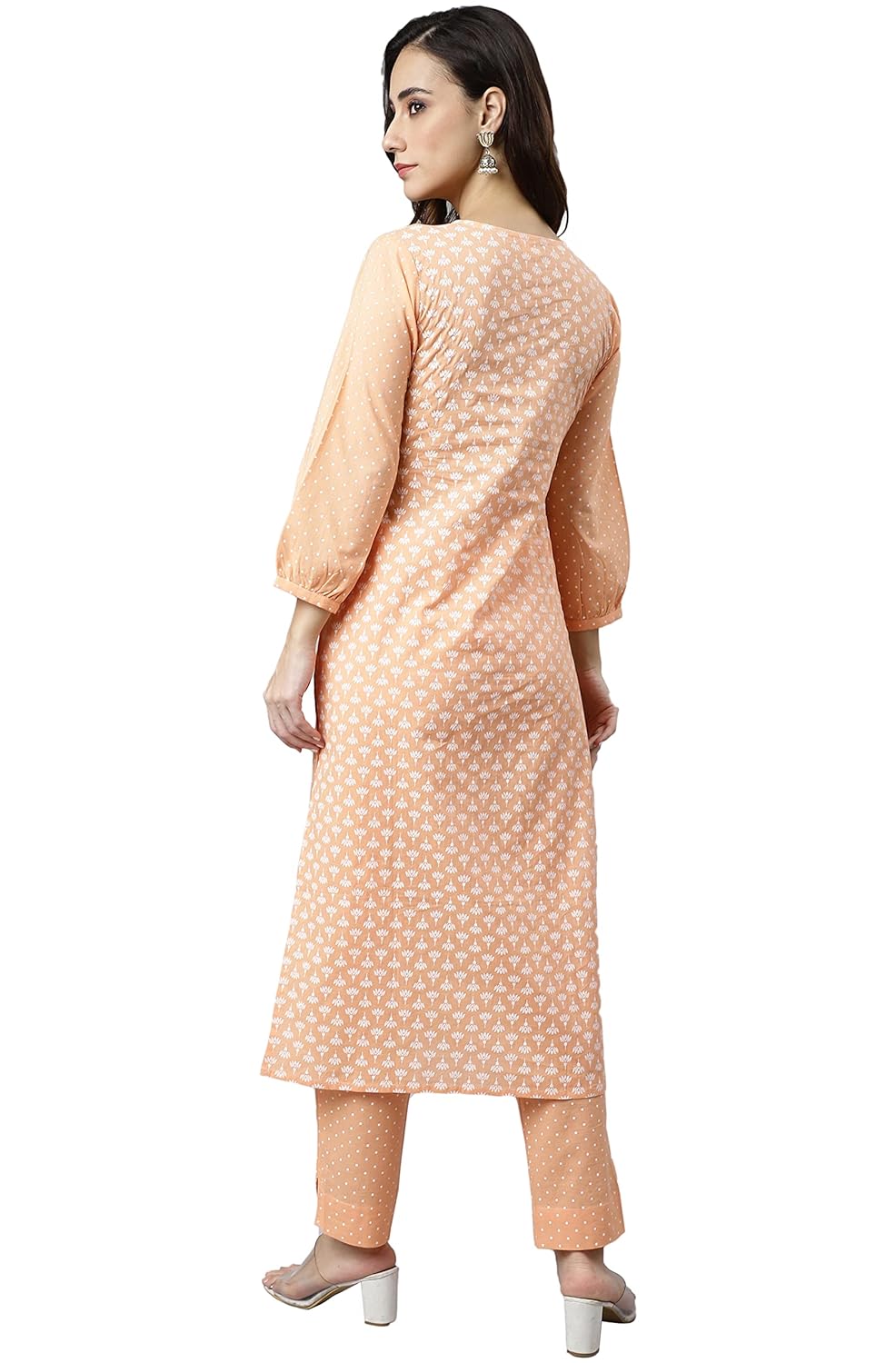 Janasya Women's Melon Orange Cotton Printed Kurta with Pant