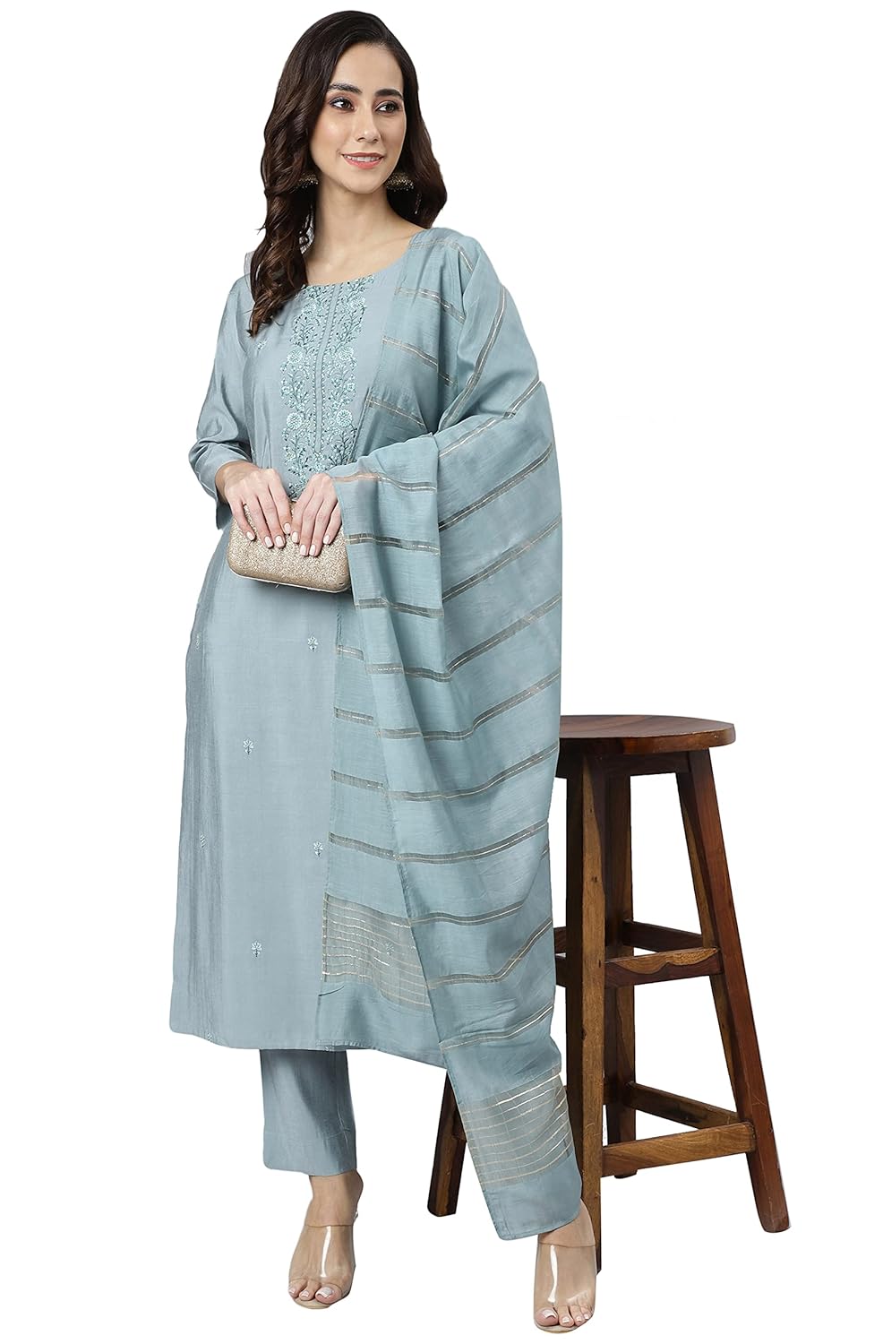 Janasya Women's Dusty Blue Viscose Blend Embroidered Kurta with Pant