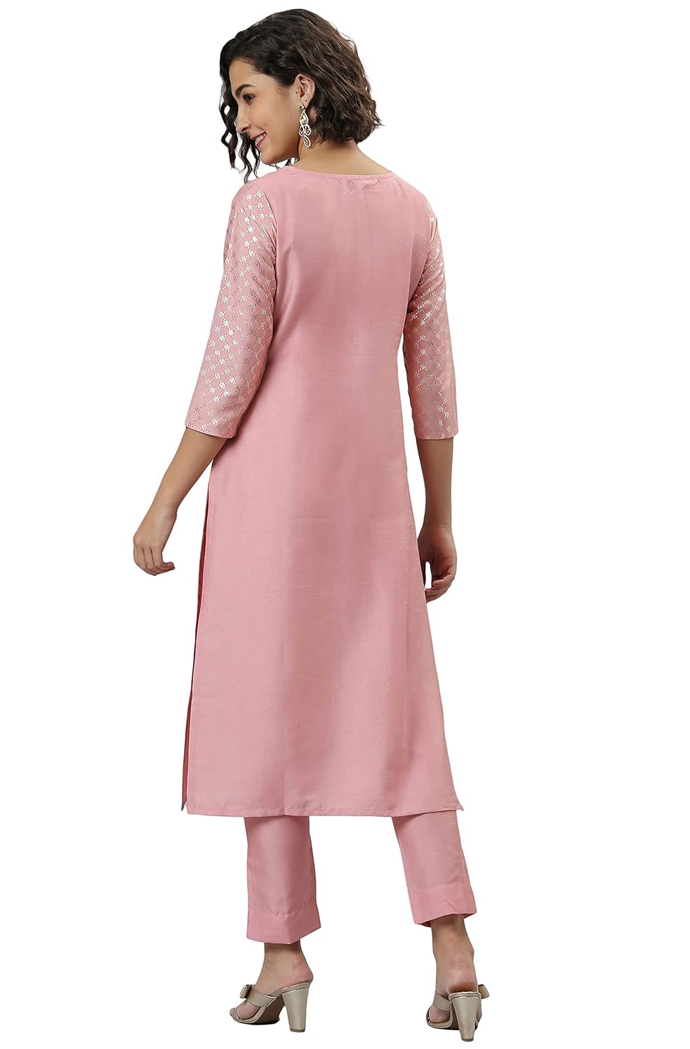 Janasya Women's Pink Poly Silk Floral Print Kurta with Pant
