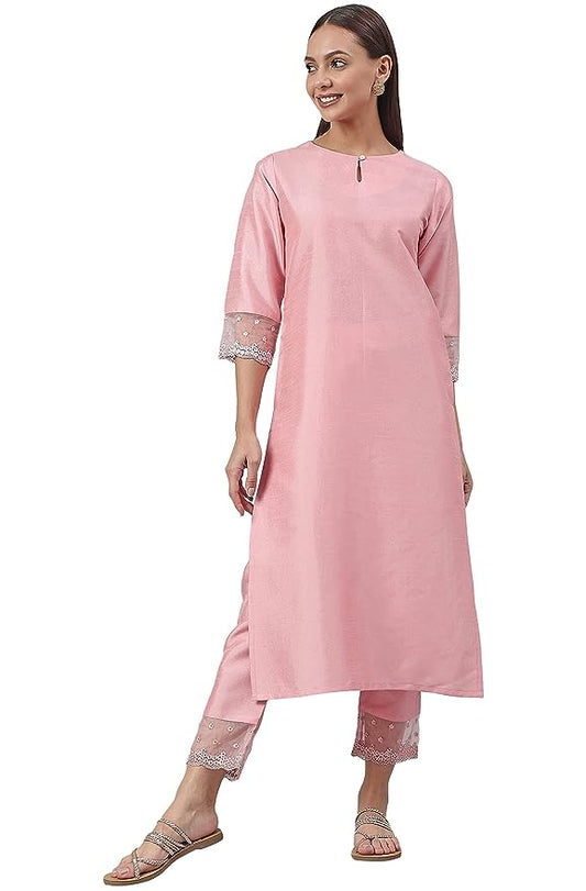 Janasya Women's Pink Poly Silk Straight Kurta with Pant