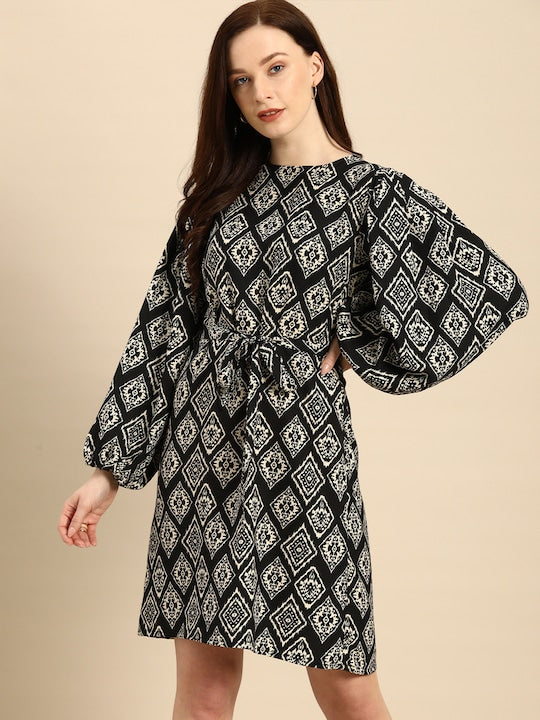 All about you Black & White Ethnic Motifs A-Line Dress With A Belt