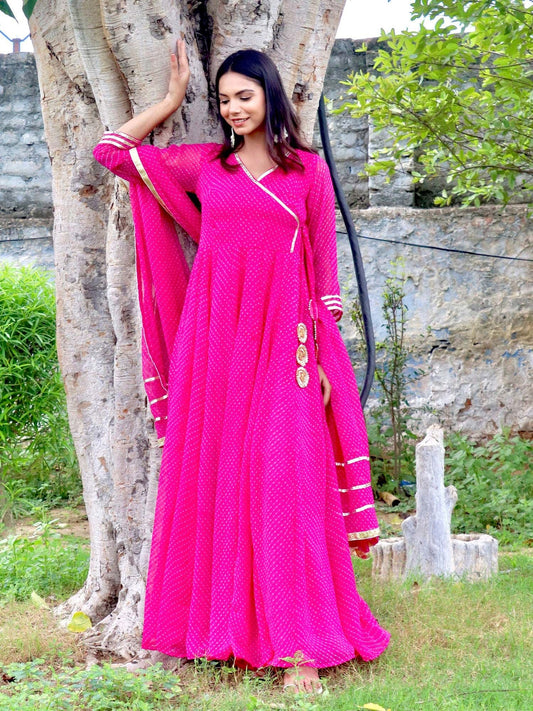 ONEWE INDIA Paakhi Mothra Anarkali Set (Set of 3) - Pink