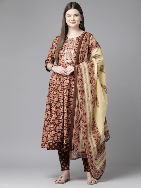 Yufta Floral Printed Regular Sequinned Pure Cotton Kurta with Trousers & Dupatta