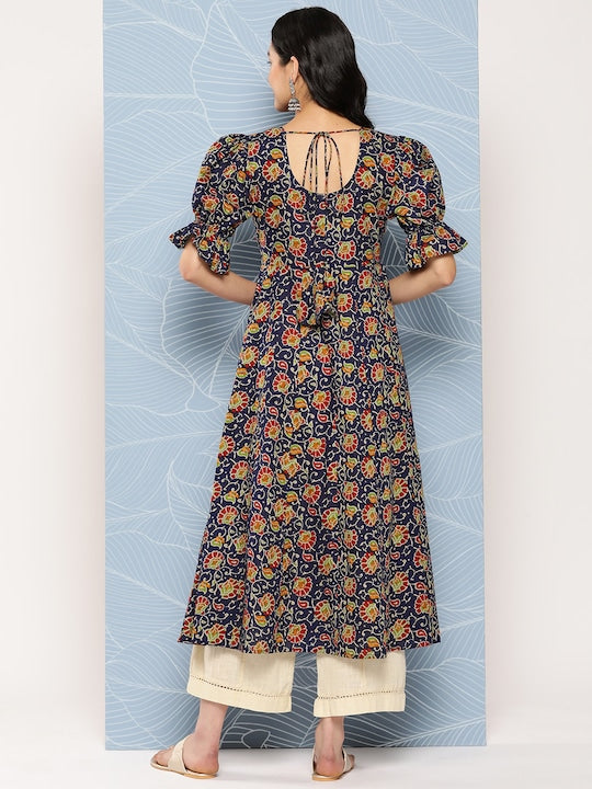 Yufta Floral Printed Puff Sleeves Pure Cotton Anarkali Kurta