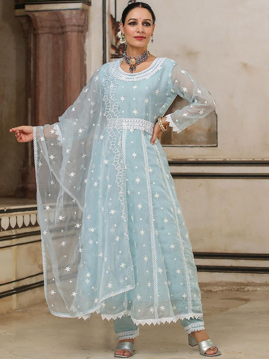 Scakhi Floral Embroidered Organza Panelled Anarkali Kurta with Trousers & With Dupatta