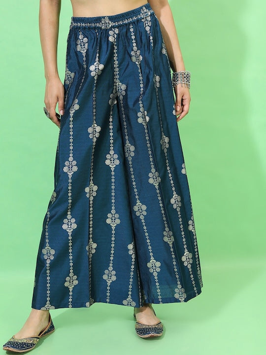 Vishudh Women Teal Ethnic Motifs Printed Kurti with Palazzos & With Dupatta