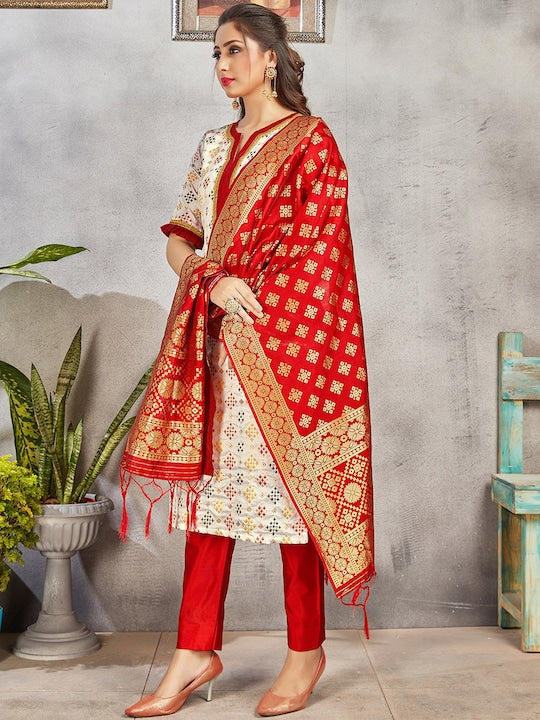 Mitera Beige Ethnic Motifs Printed Notched Neck Straight Kurta with Trousers & Dupatta