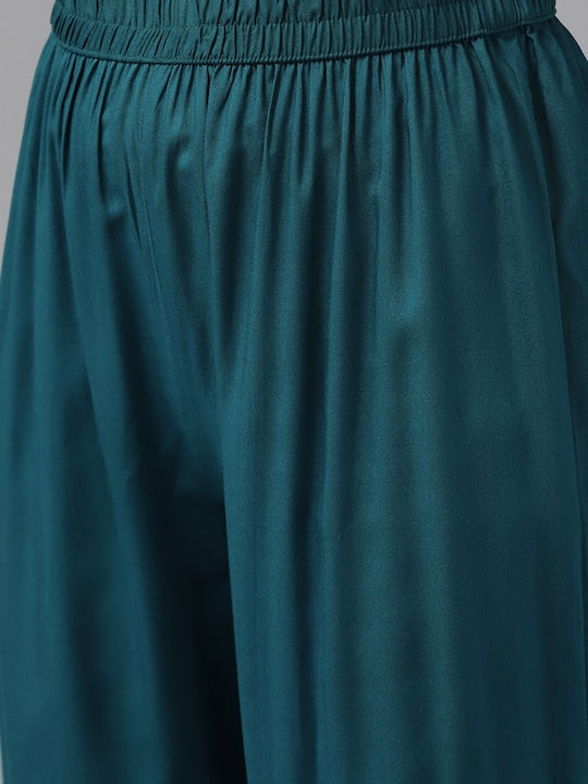 Yufta Women Teal Ethnic Motifs Printed Aari Work Kurta with Palazzos