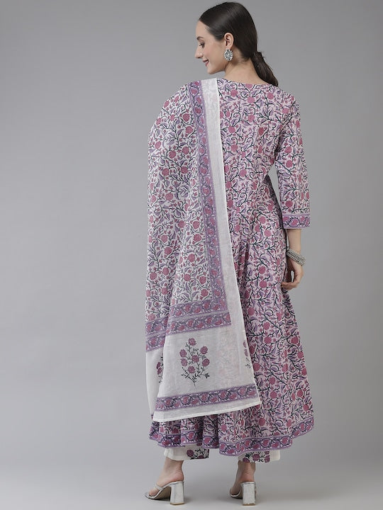Yufta Women Lavender Ethnic Motifs Printed Pure Cotton Kurta with Trousers & Dupatta