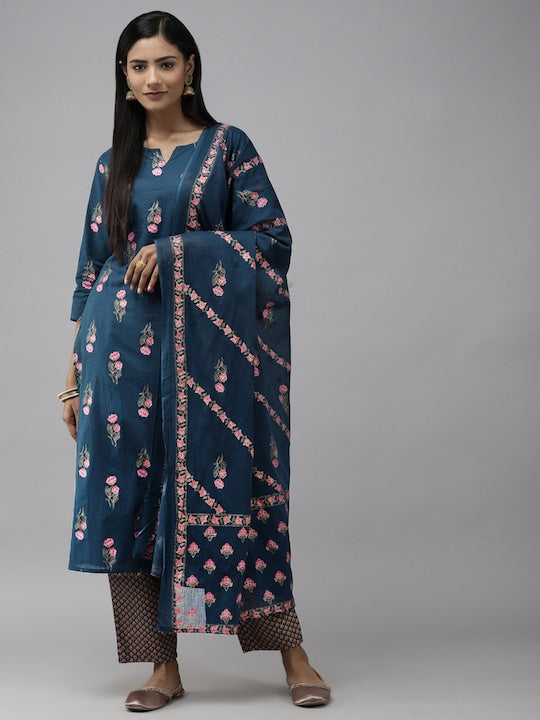 Yufta Women Teal Blue Floral Printed Pure Cotton Kurta with Trousers & With Dupatta