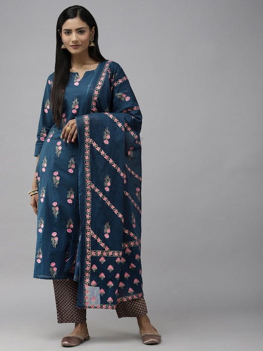Yufta Women Teal Blue Floral Printed Pure Cotton Kurta with Trousers & With Dupatta