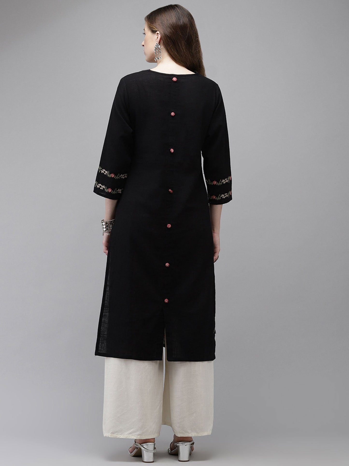 ISHIN womens Cotton Black Embroidered Straight Kurta
