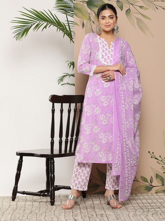 Yufta Ethnic Motifs Printed Pure Cotton Kurta With Trousers & With Dupatta - S