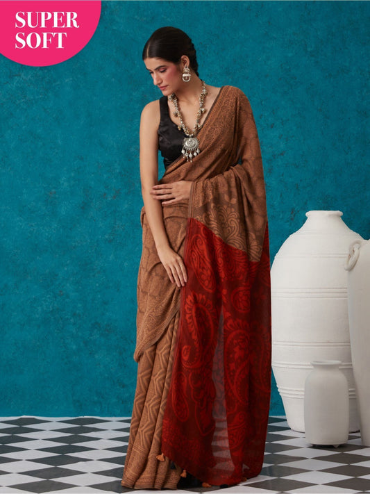 Likha Brown Liva Jacquard Textured Lite Saree With Unstitched Blouse LIKSAR29 (Free Size)