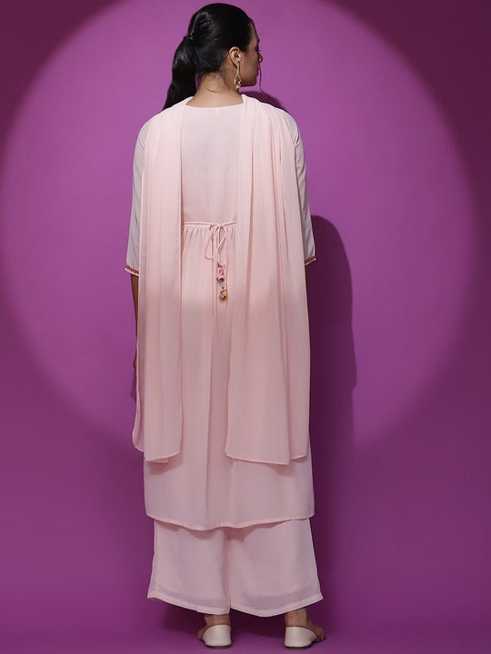 AKS Couture Ethnic Motifs Embroidered A-Line Sequinned Kurta With Palazzos & Dupatta