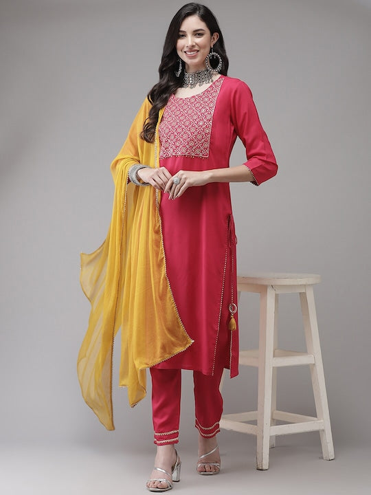 Yufta Women Ethnic Motifs Yoke Design Round Neck Gotta Patti Kurta with Trousers & Dupatta