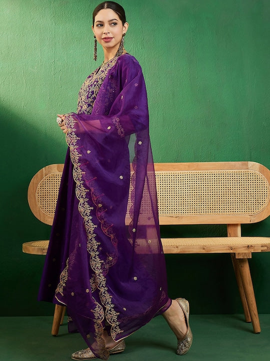 Sangria Purple Ethnic Motifs Embroidered A-Line Kurta With Palazzo & Dupatta