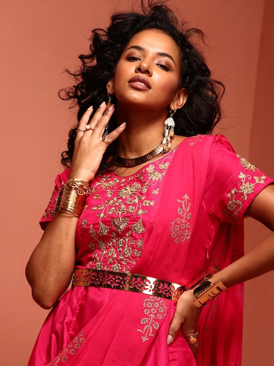 IMARA Ethnic Motifs Embroidered A-Line Ethnic Dress With Dupatta