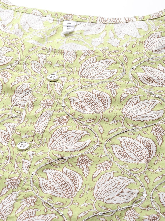 Yufta Women Green Ethnic Motifs Printed Sequinned Pure Cotton Kurta with Trousers