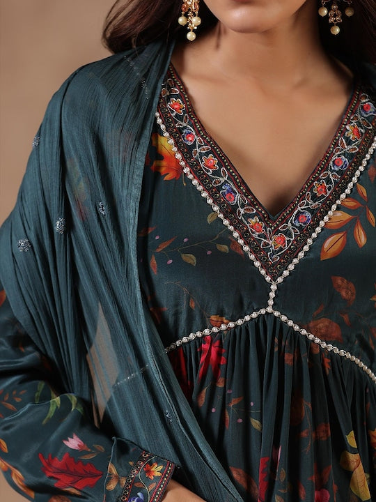 Scakhi Floral Printed Beads & Stones Empire Kurta With Trousers & Dupatta