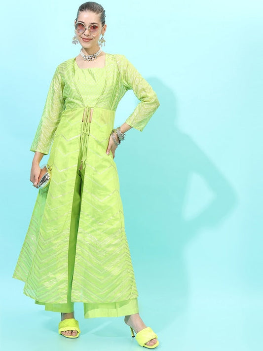 Vishudh Women Striped Viscose Rayon Kurta Set With Palazzo And Jacket