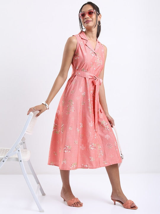 Vishudh Spread Collar Floral Printed Tie Up A-Line Midi Dress